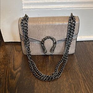 Gray Croc-Embossed Chain Shoulder Bag